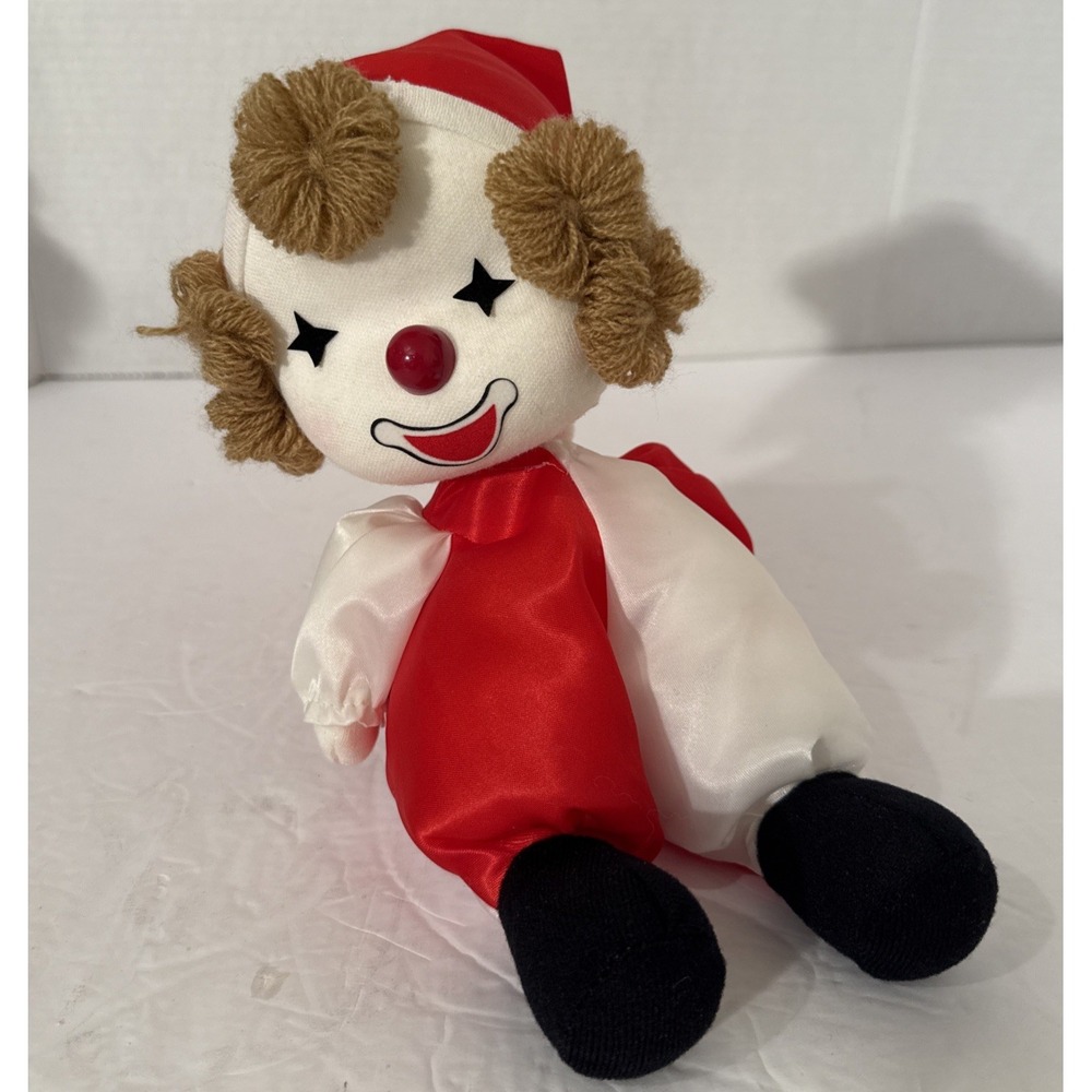 Vintage Sitting Musical Wind Up Clown Doll-Moving Head-Red White‎ & Black-80s